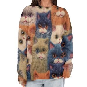 NWOT Crewneck Sweater Cat Graphic Print Oversized Pullover Sweater
